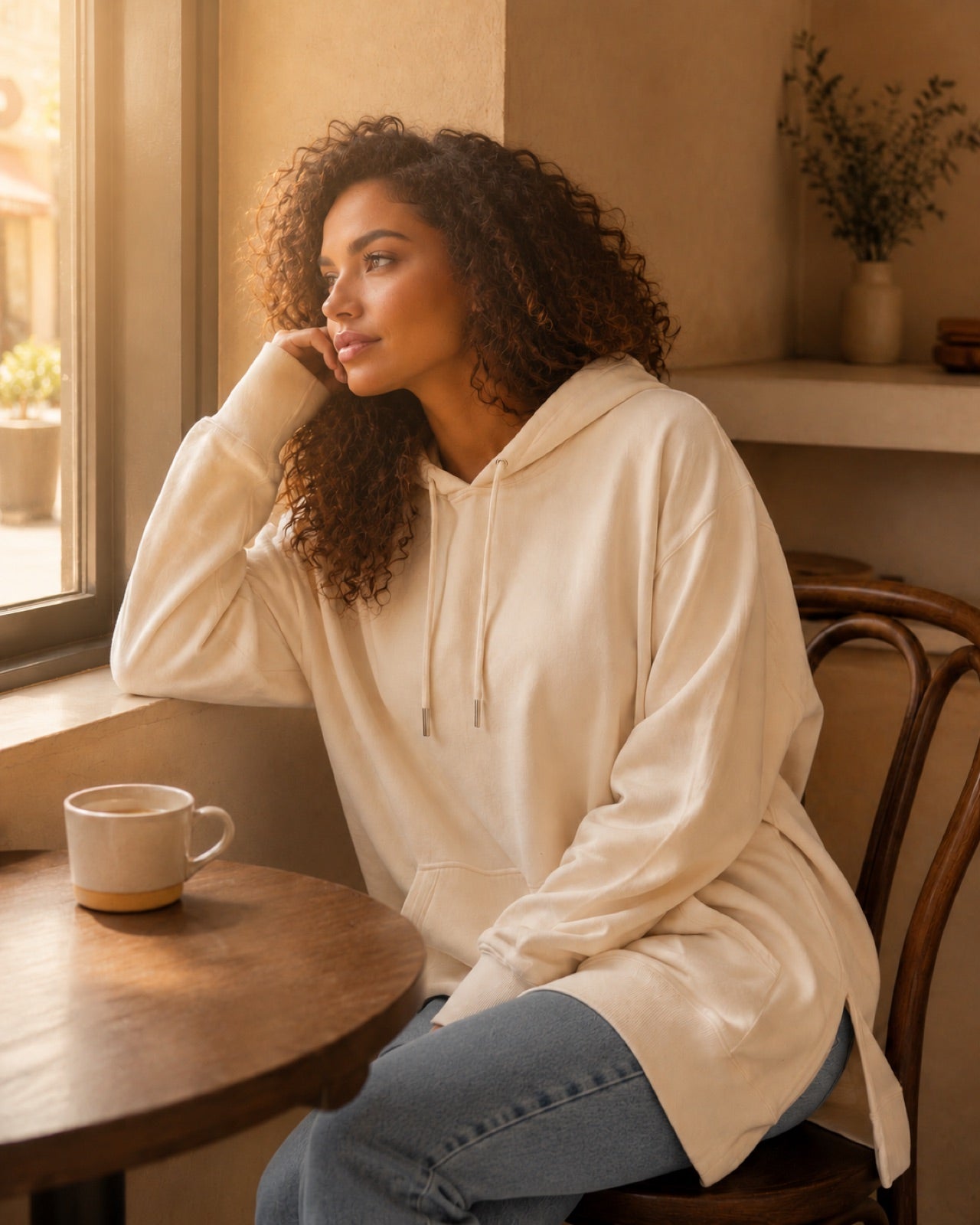 Woman in a cream Warmy and jeans seated by a café window with a mug